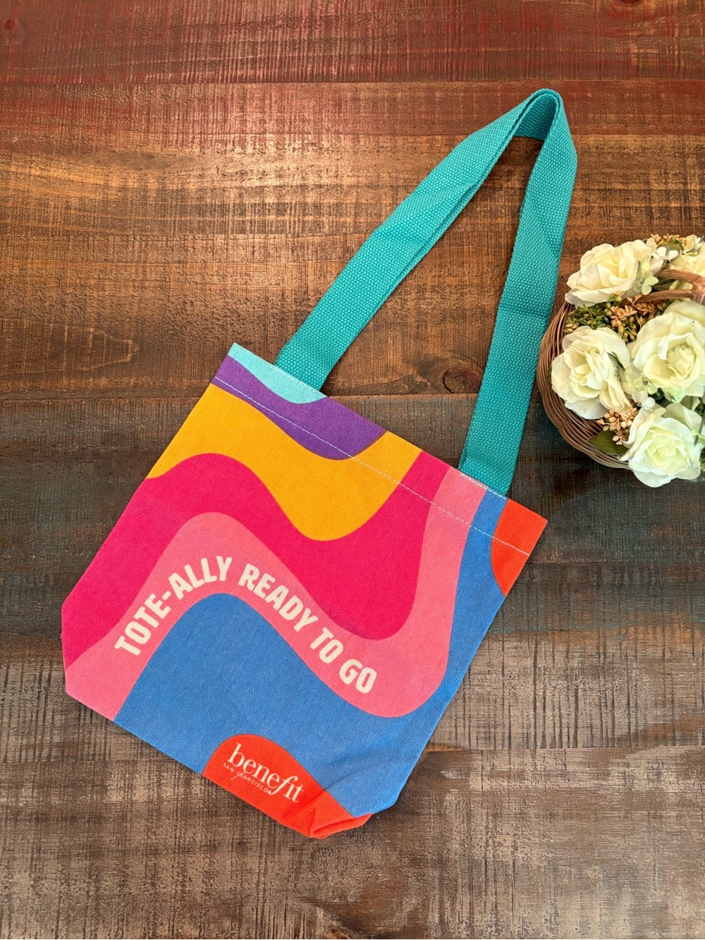 NEW Benefit Cosmetics Colorful "TOTE-ALLY READY TO GO” Mini Canvas TOTE BAG!